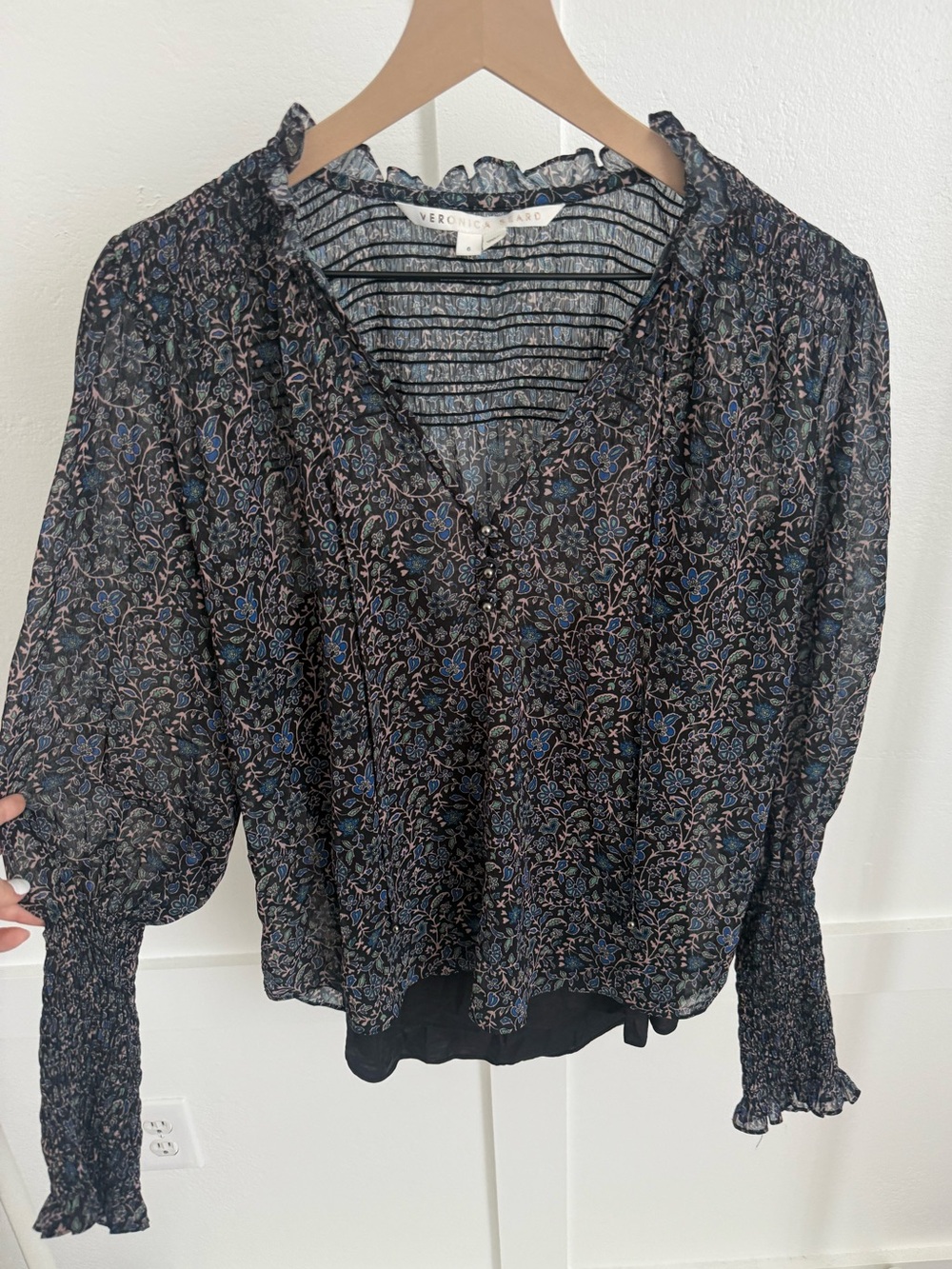 Veronica Beard Black Floral V-Neck Smocked Sleeve Blouse